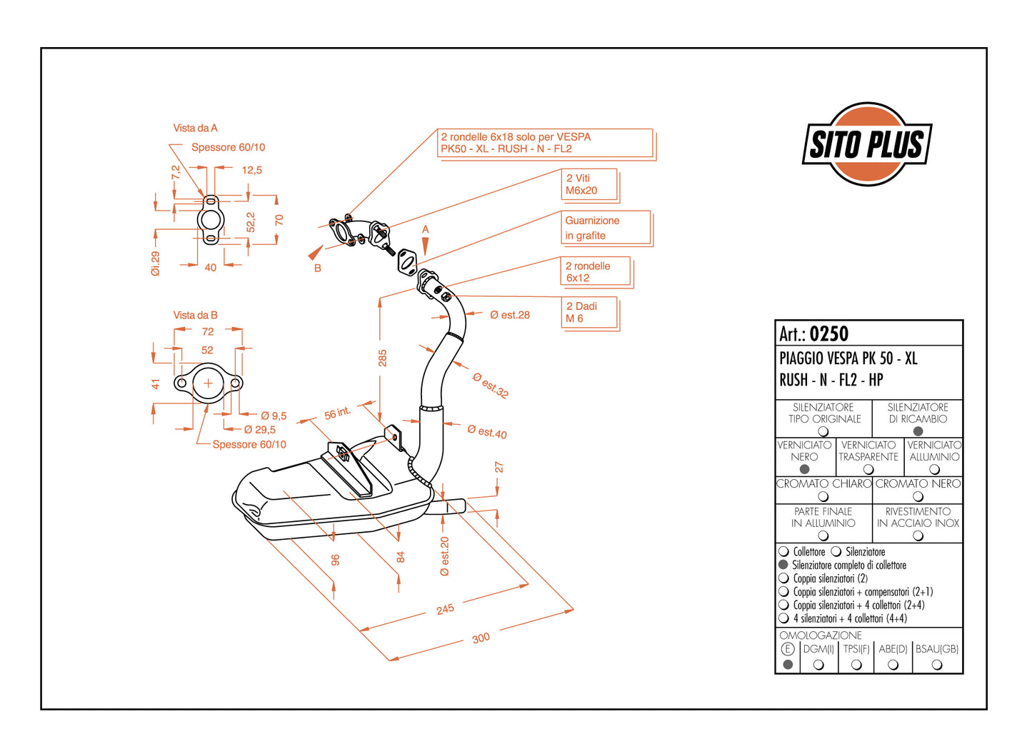 SITO 0250 Marmitta Scarico Piaggio VESPA 50 PK - PK XL - RUSH - N - HP