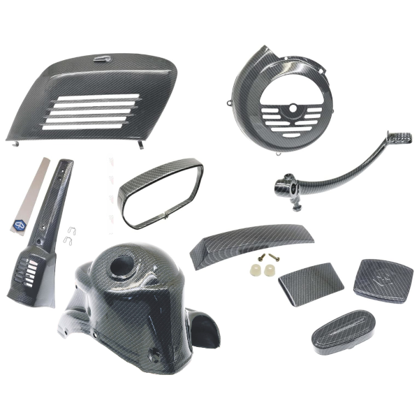 Cif Kit Carbon Look VESPA SPECIAL Con Modifica Cilindro 125cc Copriventola + Coperchi Molleggio + Contachilometri + Cuffia + Copristerzo + Ghiera Faro + Visiera Stop + Cresta + Pedale Avviamento + Sportello Motore