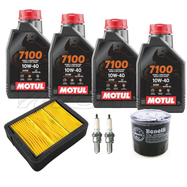 Kit Tagliando Completo Benelli LEONCINO 500 Filtro Olio e Aria Originali + Candele CR8E + Motul 7100 10w50 4LT