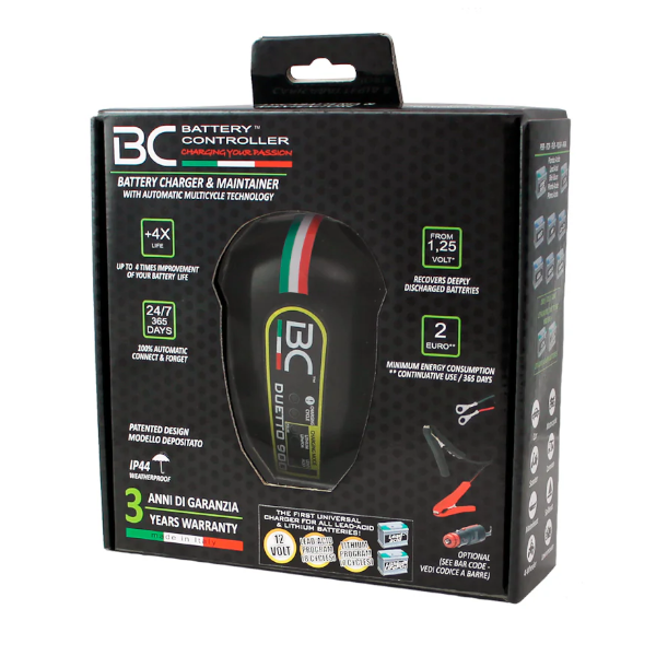 BC Battery DUETTO 900 Caricabatterie e  Mantenitore 12V - 1A, Pb. Acido e Litio Scooter e Moto