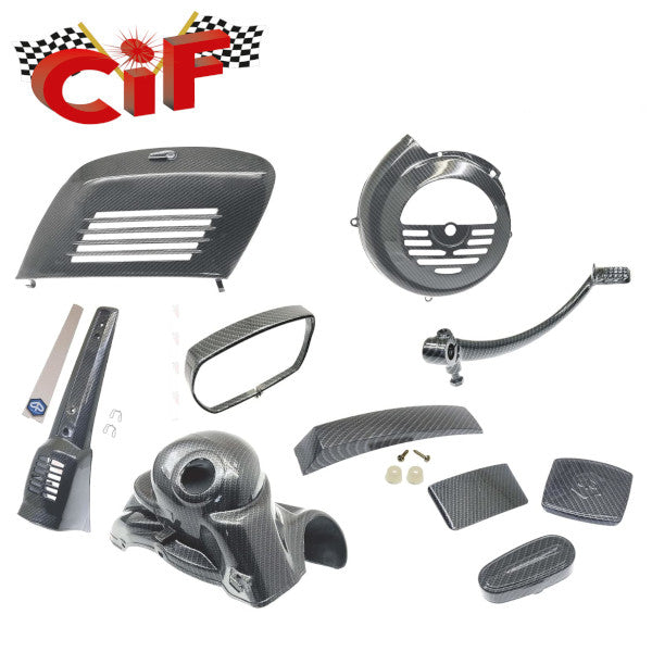 Cif Kit Carbon Look VESPA 50 SPECIAL Copriventola + Coperchi Molleggio + Contachilometri + Cuffia + Copristerzo + Ghiera Faro + Visiera Stop + Cresta + Pedale Avviamento + Sportello Motore