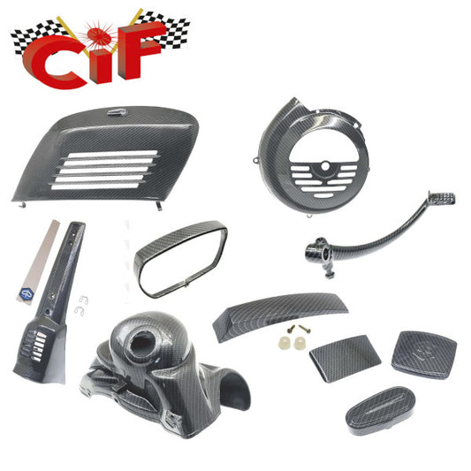 Cif Kit Carbon Look VESPA 50 SPECIAL Copriventola + Coperchi Molleggio + Contachilometri + Cuffia + Copristerzo + Ghiera Faro + Visiera Stop + Cresta + Pedale Avviamento + Sportello Motore